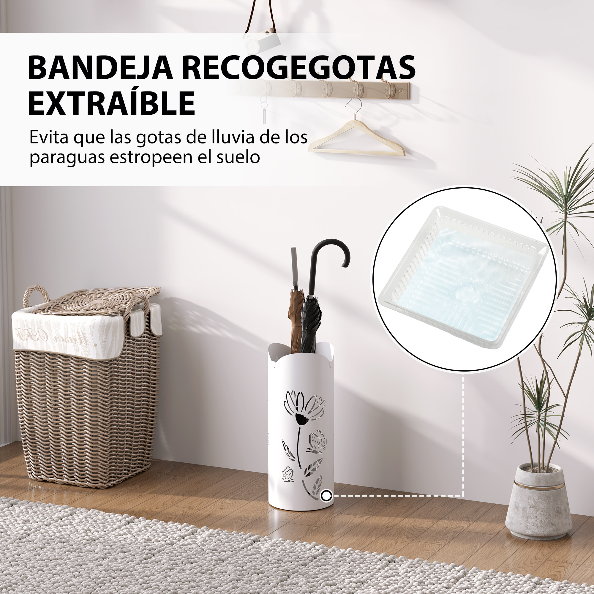Paragüero de Acero Soporte de Paraguas con 4 Ganchos y Bandeja de Goteo Extraíble Paragüero Blanco para Entrada Oficina 17x17x41 cm