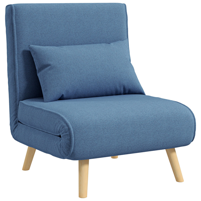 Fauteuil convertible design scandinave - fauteuil relax chauffeuse - dossier inclinable réglable, coussin - bois tissu bleu