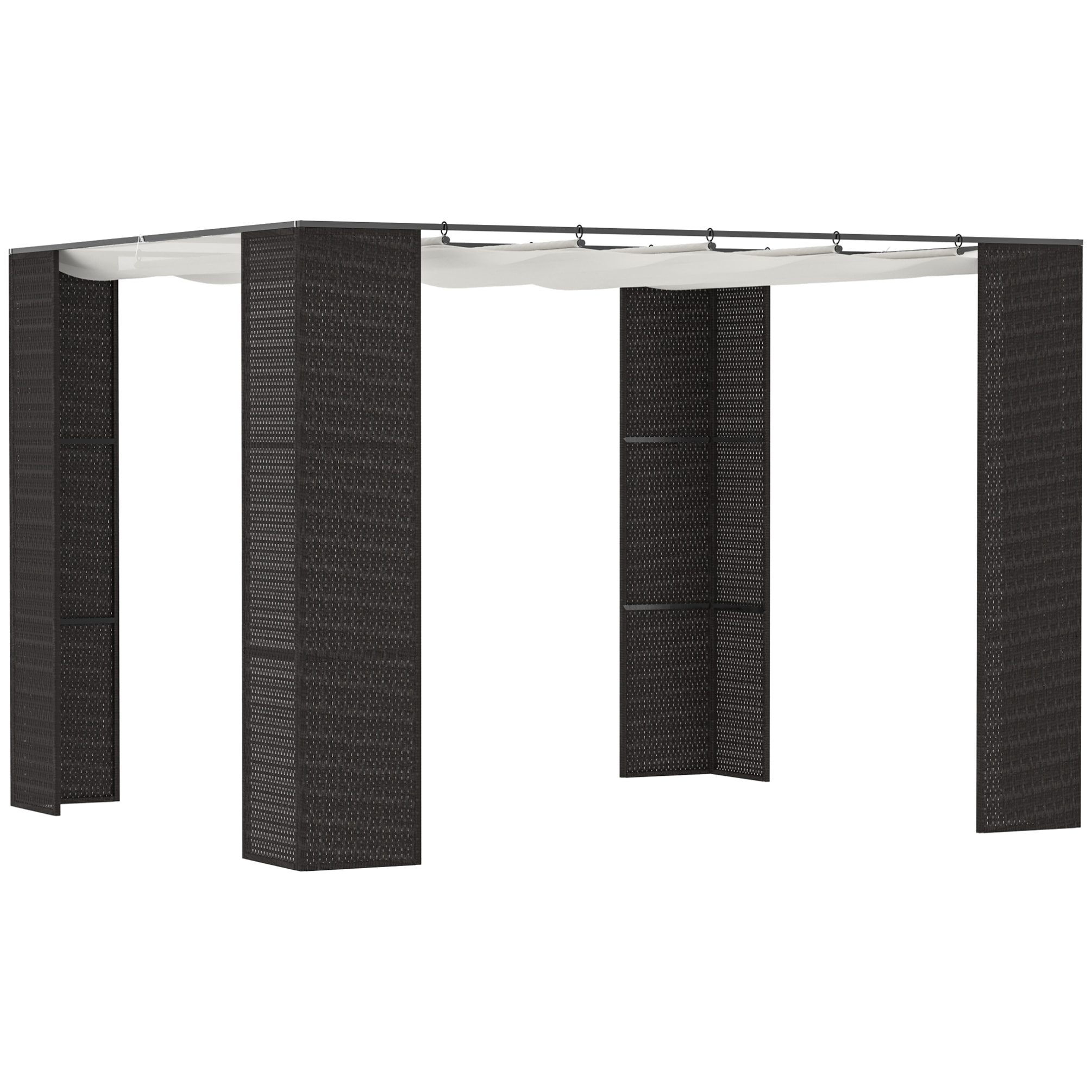 Pergola rétractable style colonial dim. 2,98L x 2,98l x 2H m métal époxy anticorrosion résine tressée noire toile polyester haute densité 180 g/m² crème