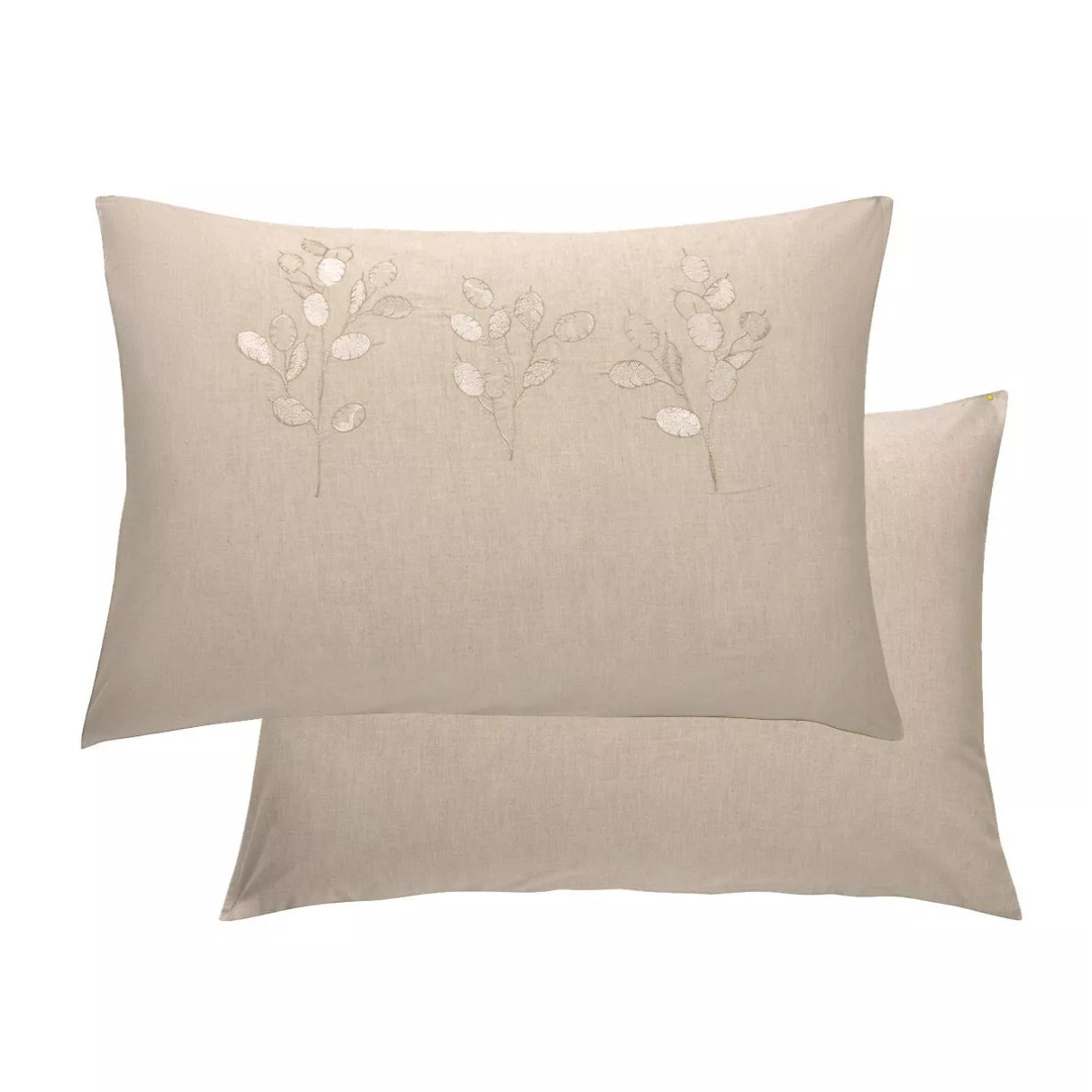 Taie d'oreiller pur coton lavé tissé teint brodé beige Monnaie du pape naturel
