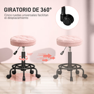 Taburete Giratorio Redondo Taburete con Ruedas Altura Regulable 50-66 cm Asiento Tapizado en Tejido de Borreguito para Salones Talleres Spa Masaje Rosa