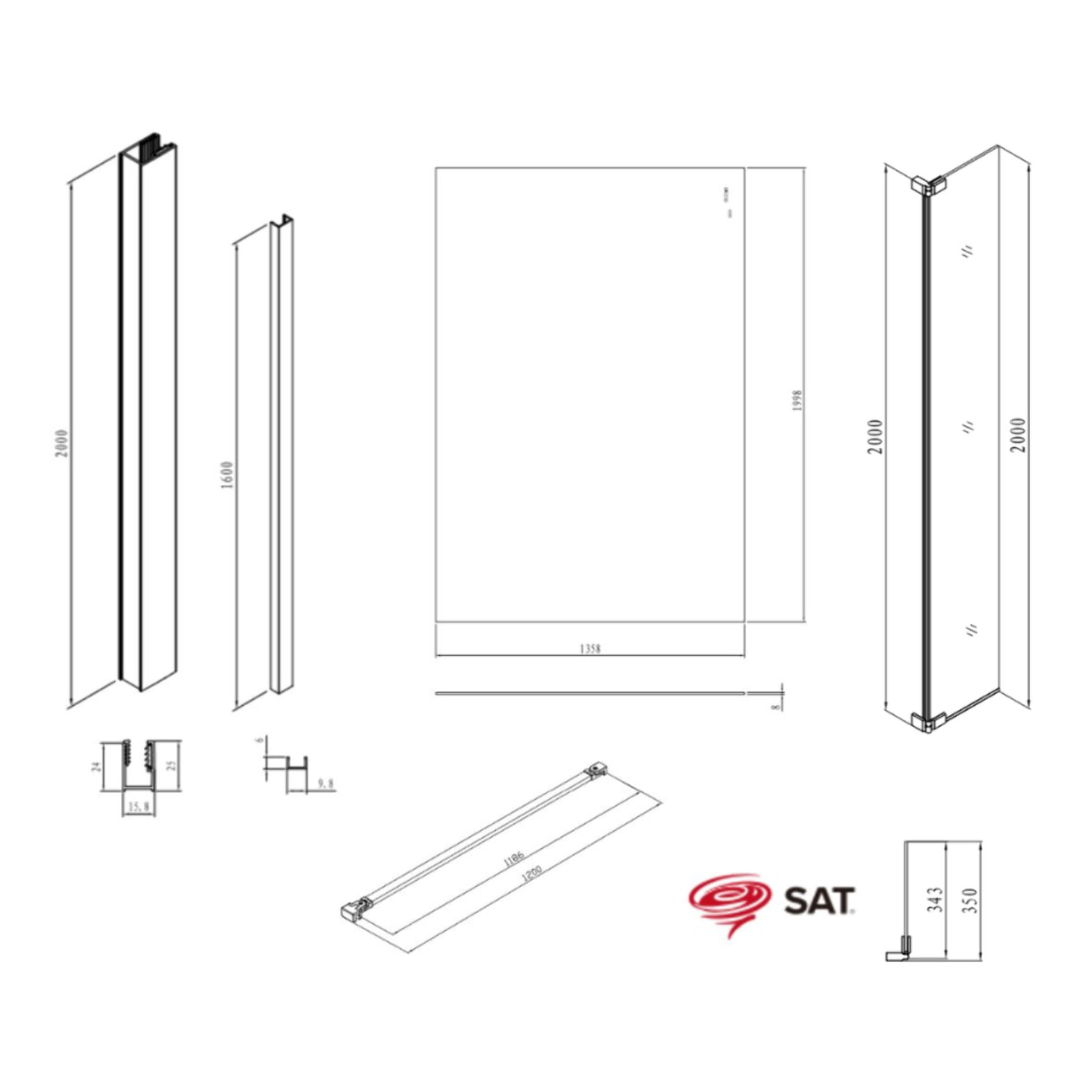 Walk-in 140x200cm Paroi et retour pivotant en verre Crystal Glass® 8 mm anticalcaire , avec bras et profilés noir mat