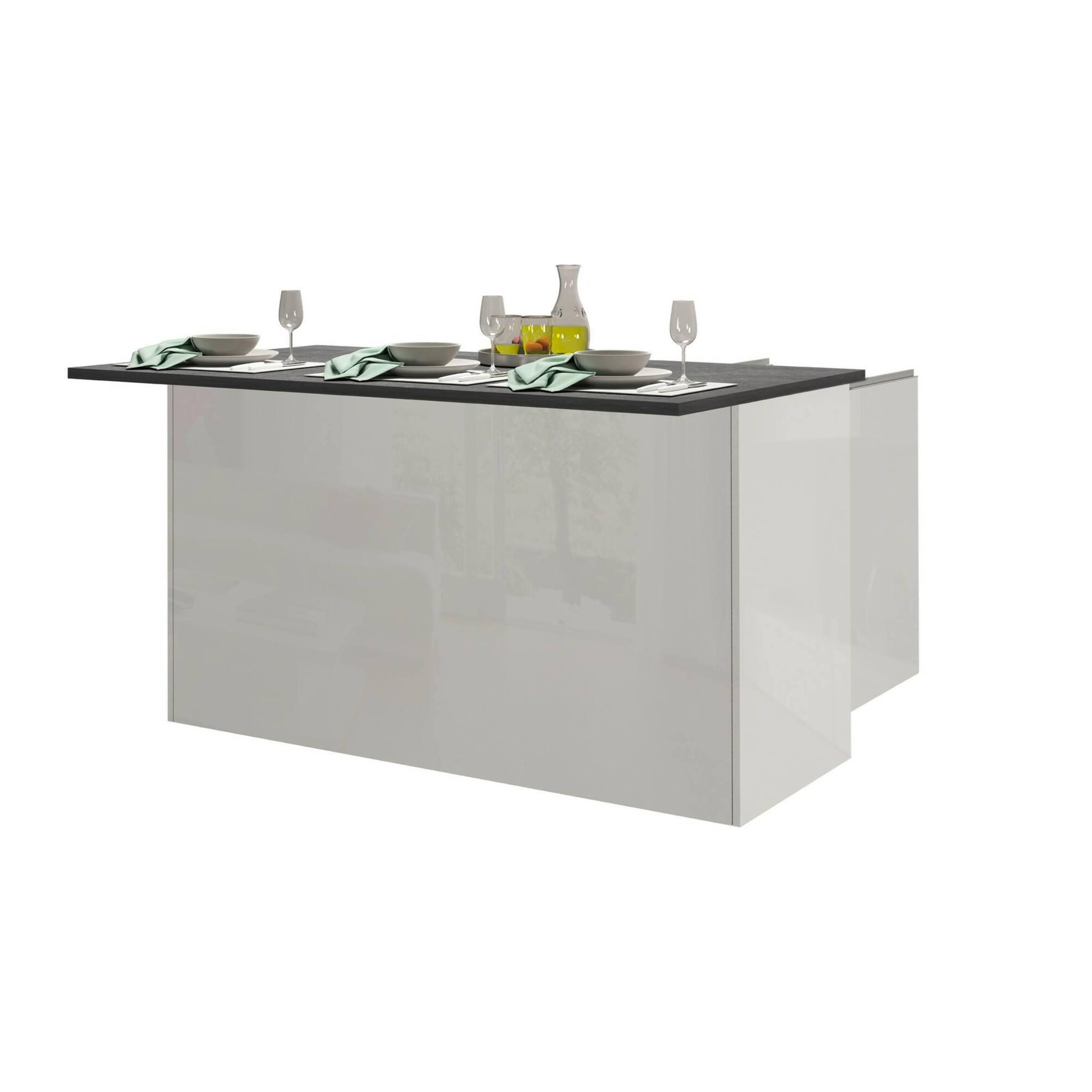 Isola da cucina Dcarnelo, Tavolo ausiliario portaoggetti, Mobile da cucina a 3 ante, 100% Made in Italy, 155x90h90 cm, Bianco lucido e Ardesia