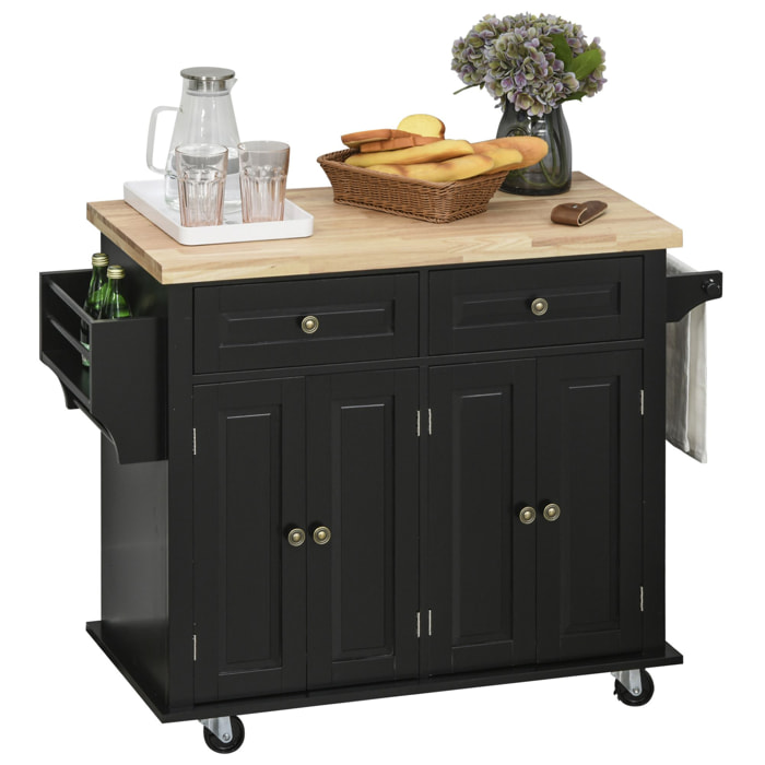 Desserte de cuisine multi rangements 2 tiroirs 2 placard 2 portes avec étagère range-bouteille porte-torchons MDF noir hévéa