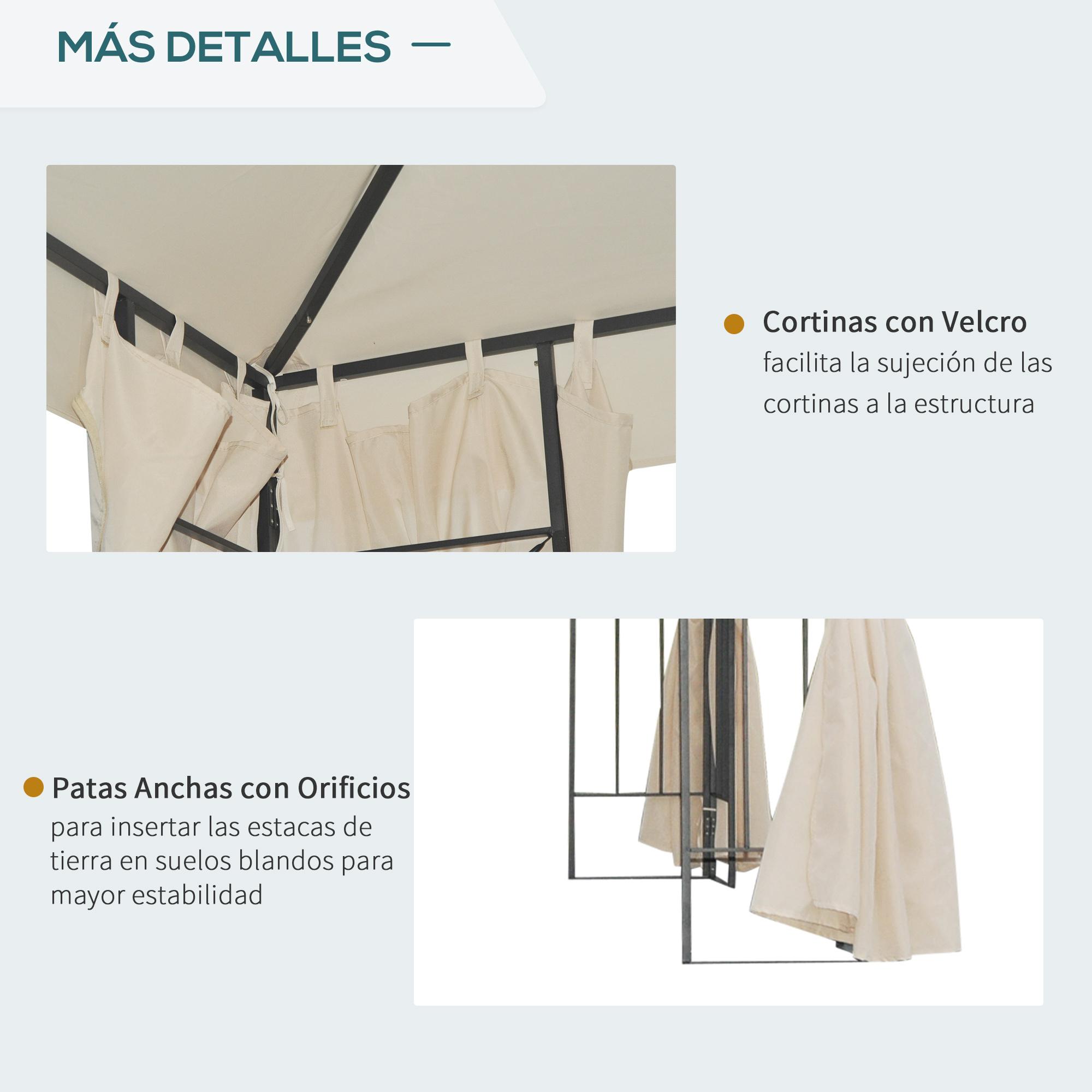 Cenador de Jardín 3x3 m con 4 Cortinas Laterales Extraíbles de Cremallera Beige