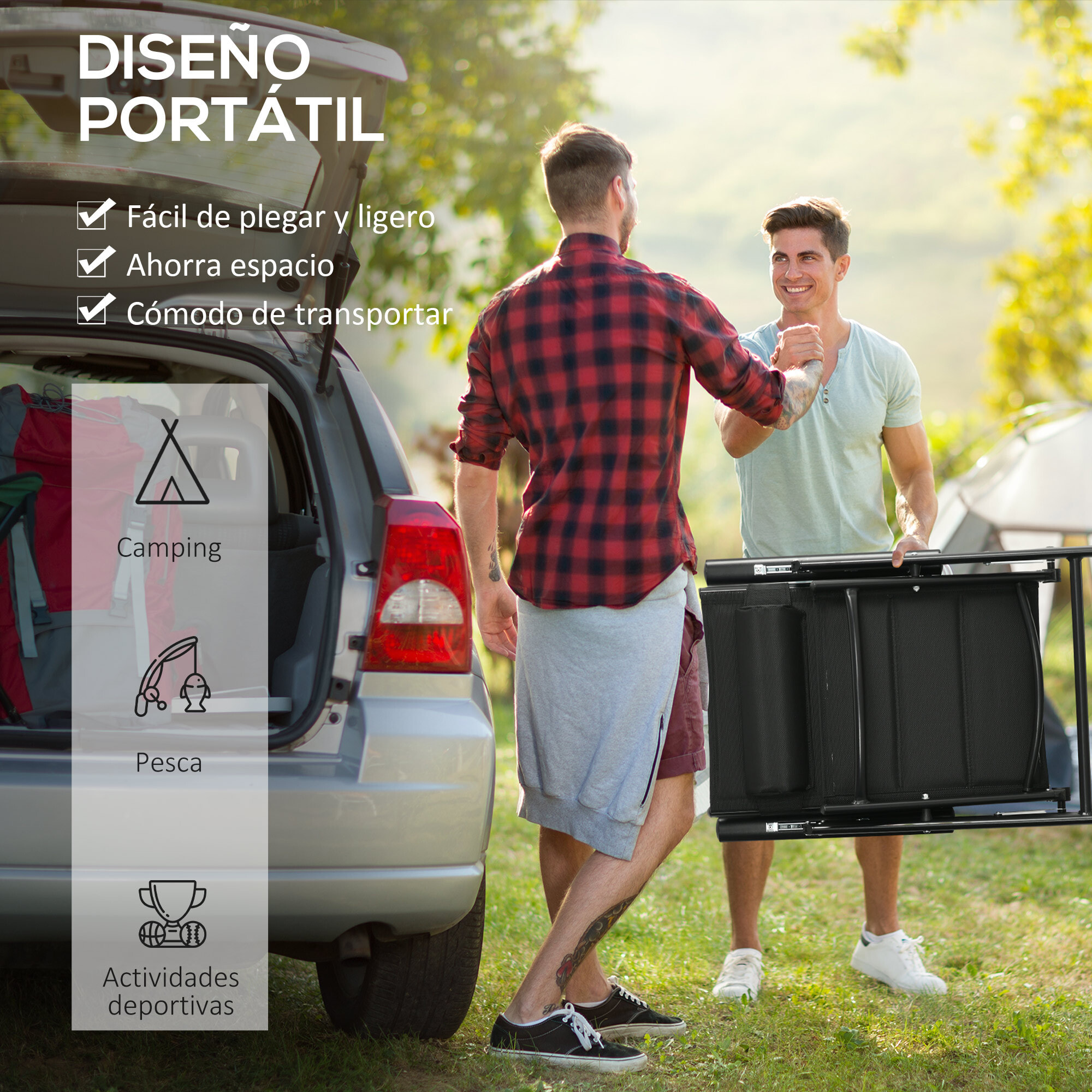 Conjunto de 2 Sillas de Camping Plegables Sillas de Jardín con Marco de Aluminio Reposacabezas y Reposabrazos Carga 130 kg para Terraza Playa 54x67x108 cm Negro