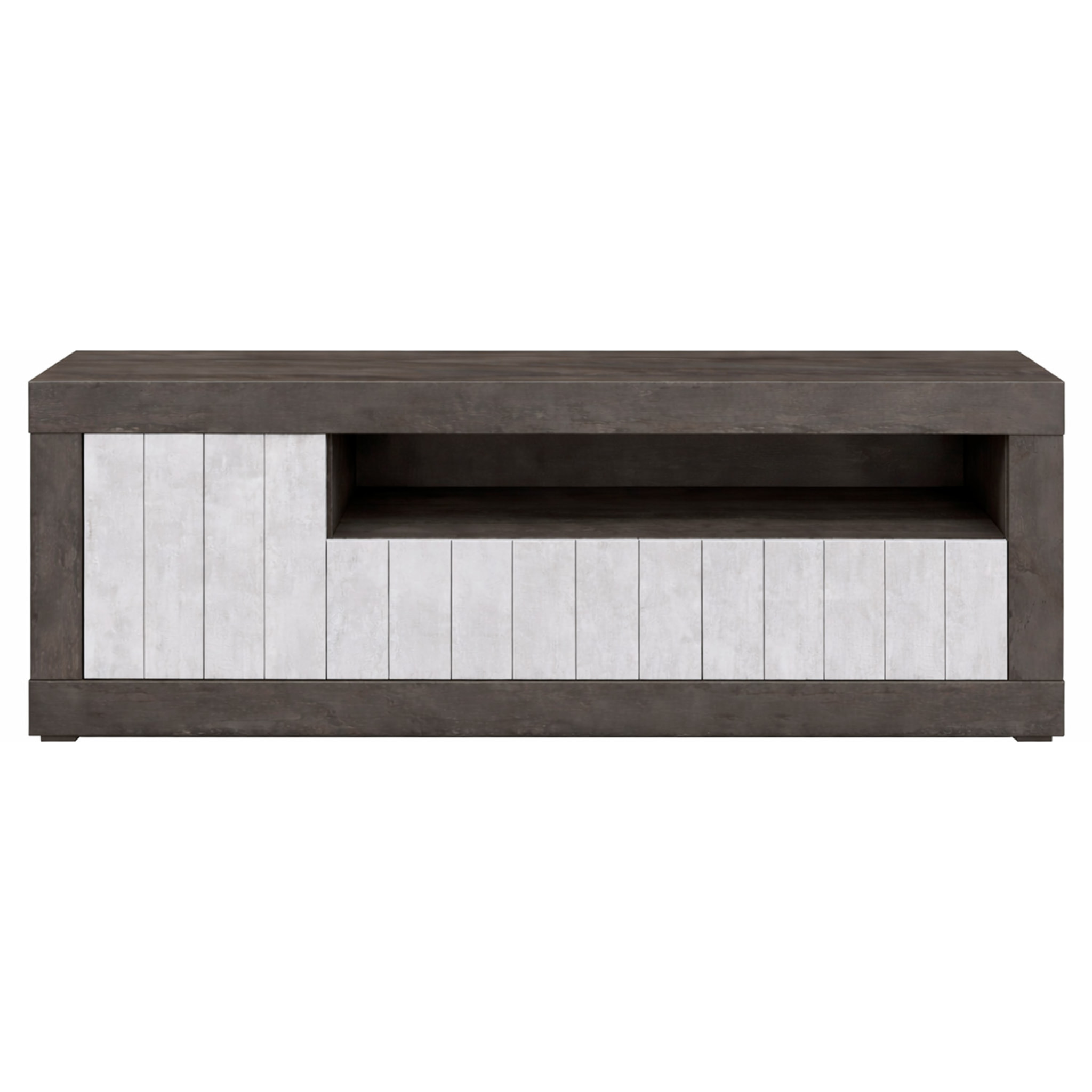 Mobile TV Basso In Melaminico Con Anta Laterale E Ribalta Vano A Giorno Ripiani Mensole Interne Moderno 136.9 x 41.8 x 56 Cm Ossido e Grigio Cemento