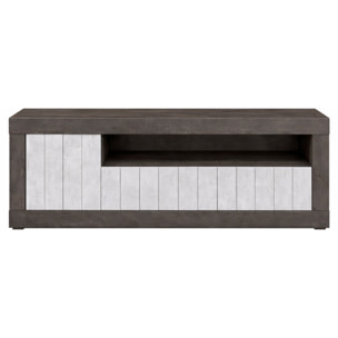 Mobile TV Basso In Melaminico Con Anta Laterale E Ribalta Vano A Giorno Ripiani Mensole Interne Moderno 136.9 x 41.8 x 56 Cm Ossido e Grigio Cemento