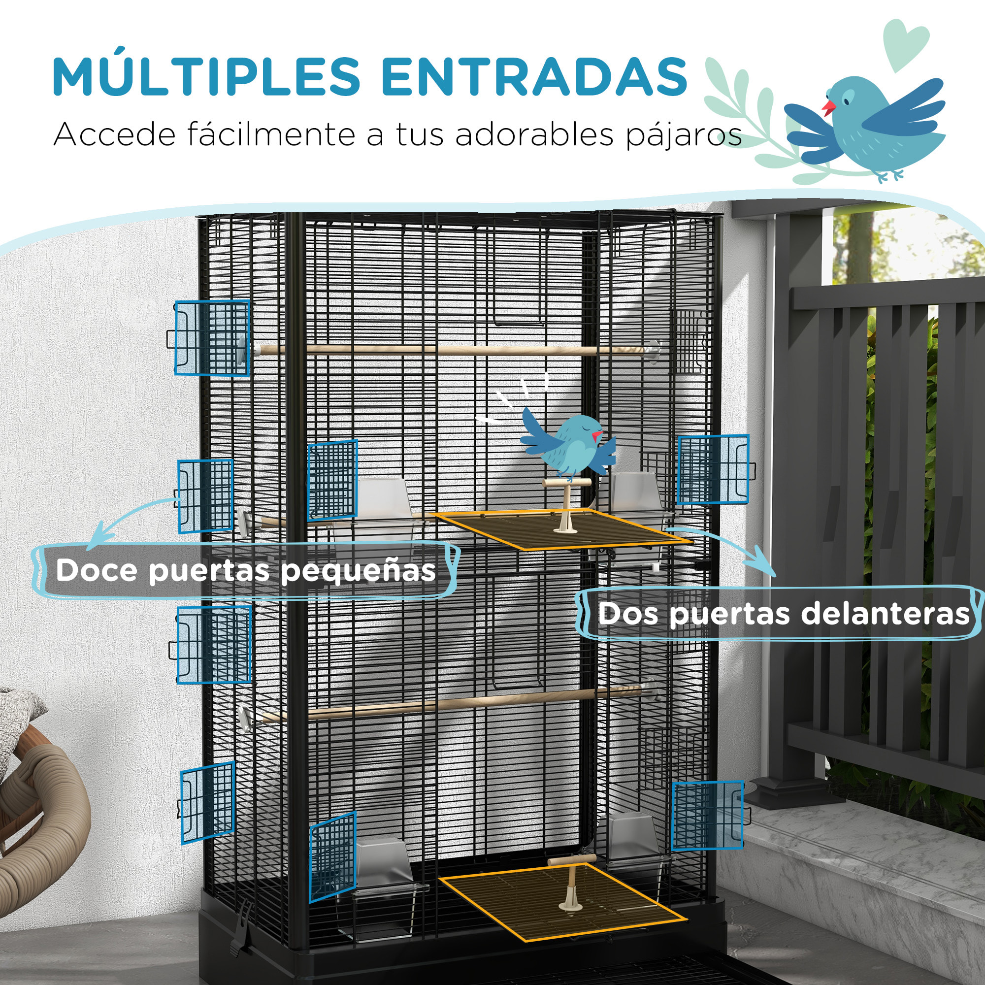 Jaula para Pájaros 61x36,5x98 cm Pajarera con Puertas Perchas Bandeja Extraíble Cajas de Comidas y Asas Jaula para Ninfas Periquitos Pinzones Canarios Negro