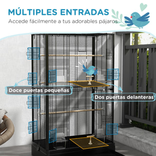 Jaula para Pájaros 61x36,5x98 cm Pajarera con Puertas Perchas Bandeja Extraíble Cajas de Comidas y Asas Jaula para Ninfas Periquitos Pinzones Canarios Negro