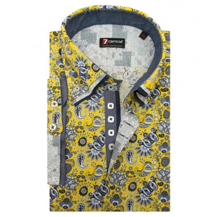 Camicia Uomo 2 Bottoni Button Down Triplo Collo Slim Popeline Stampa Giallo/Bianco
