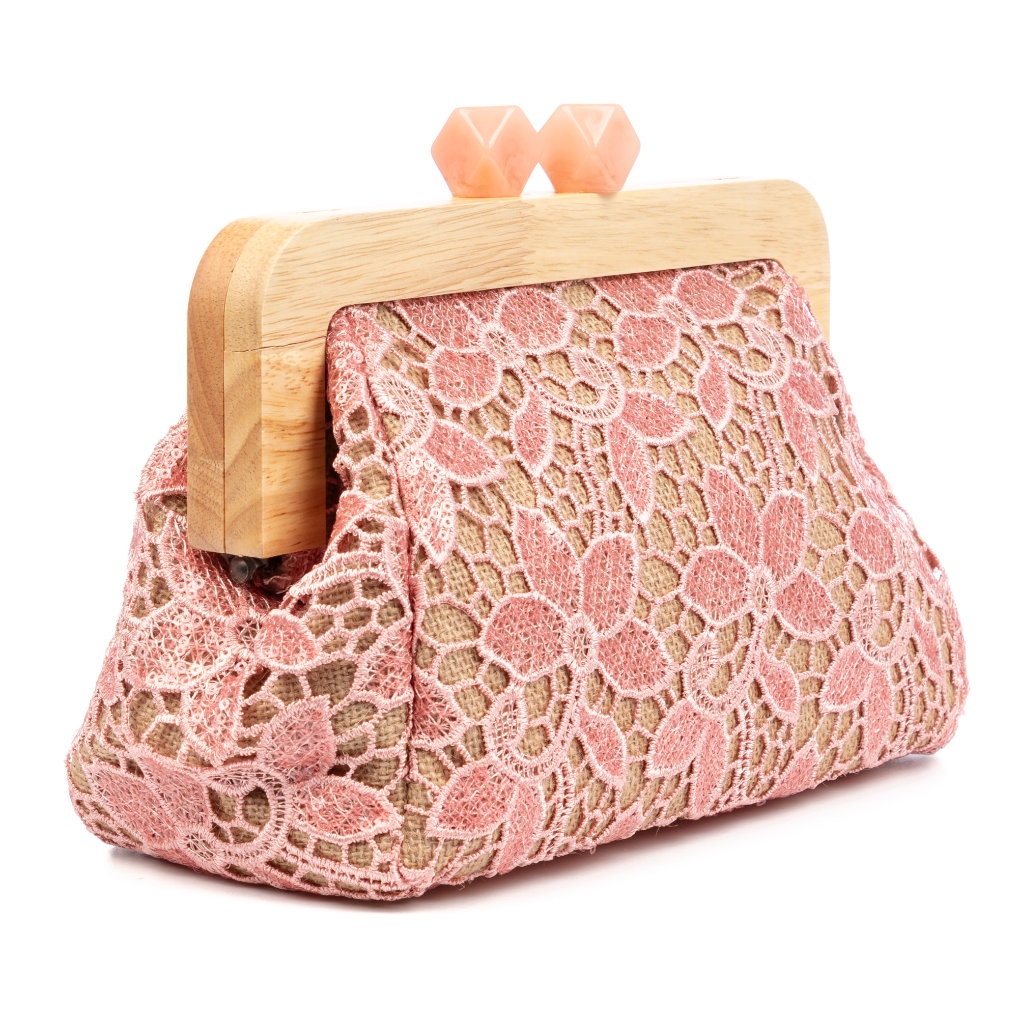 Borbera Borsa a spalla Donna. Realizzata in legno naturale, cotone e juta con un design in rete di tessuto floreale.