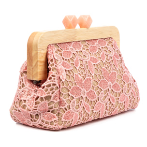 Borbera Borsa a spalla Donna. Realizzata in legno naturale, cotone e juta con un design in rete di tessuto floreale.
