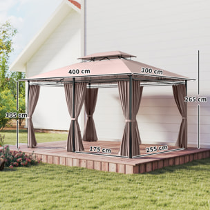para Jardín 3x4 m Pérgola de Jardín Gazebo con Doble Techo Paredes Laterales Resistente al Agua Carpa para Exterior Terraza Patio Caqui