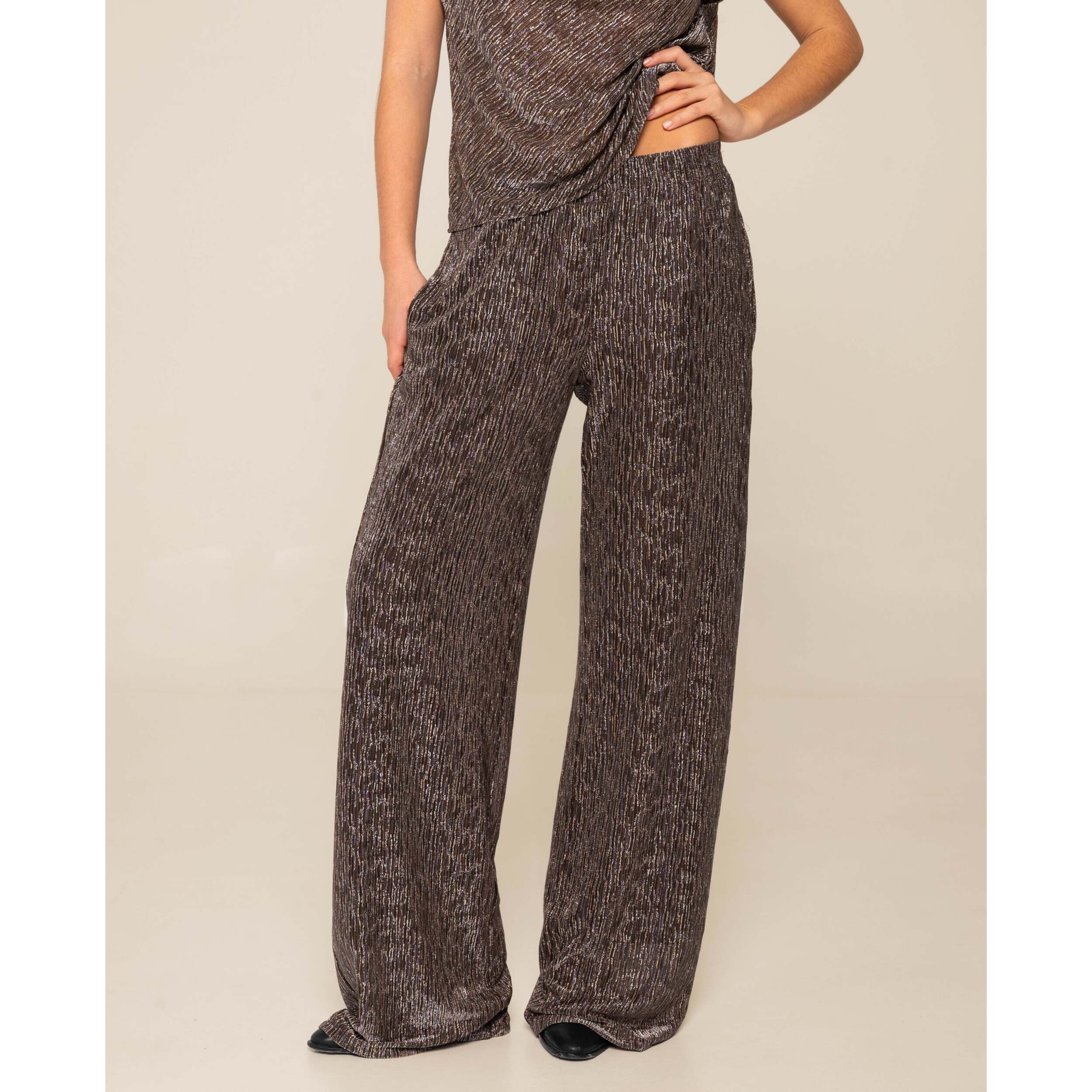 Pantalón palazzo de punto lúrex de mujer