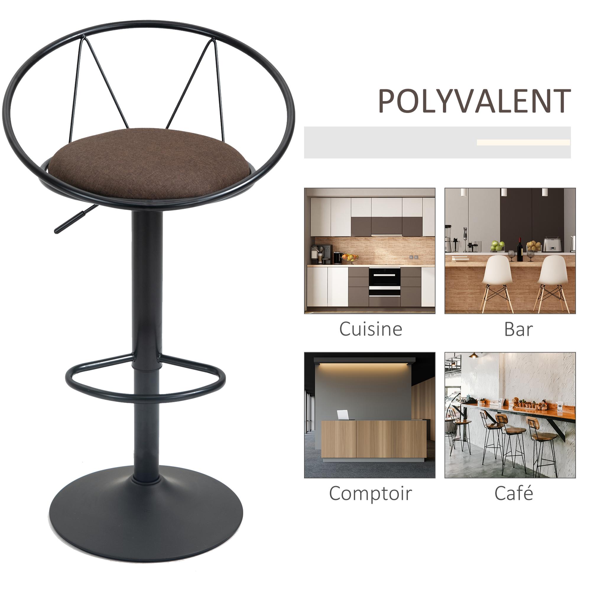 Lot de 2 tabourets de bar design néo-rétro réglable pivotant avec repose-pied métal noir lin marron