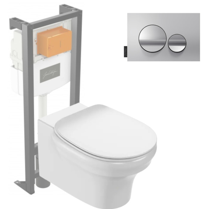 Pack WC suspendu sans bride Cléo 1889 +  abattant + bâti-support + plaque ronde chromé