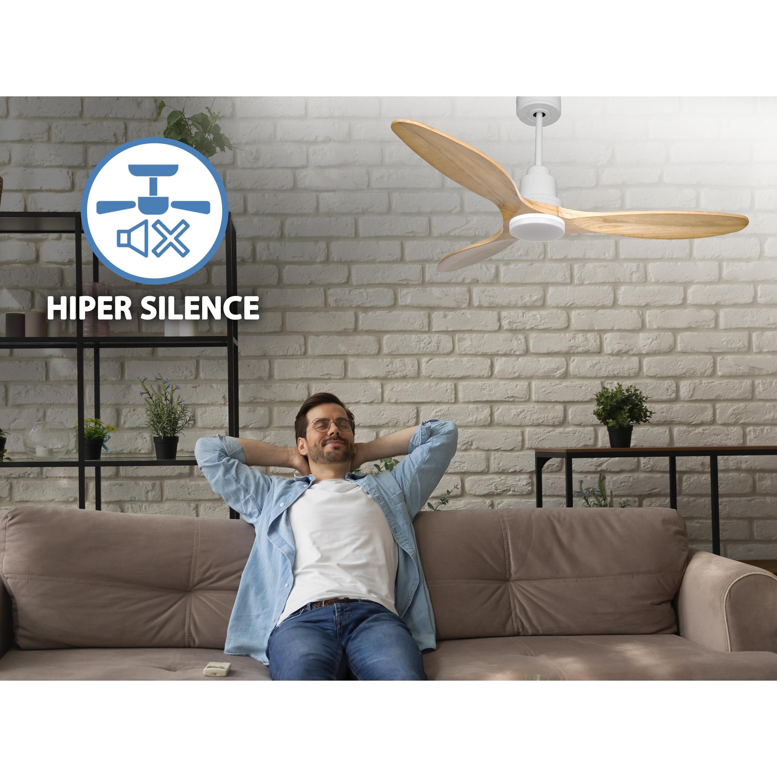 Ventilador de techo Modo Invierno/Verano Termostato Dimable Wifi Motor DC Techos Inclinados Mando a Distancia Luz tres tonos Hypersilence Memoria Vendible Shopify (AUTOMATICO) SalamisD132C04LED64458 PURLINE