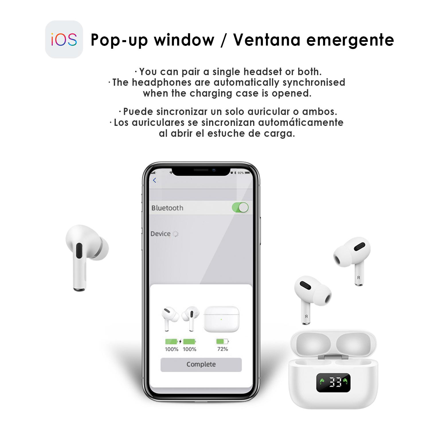 Auriculares i58 Bluetooth 5.0 táctiles. Base de carga con pantalla, sincronización automática con ventana emergente