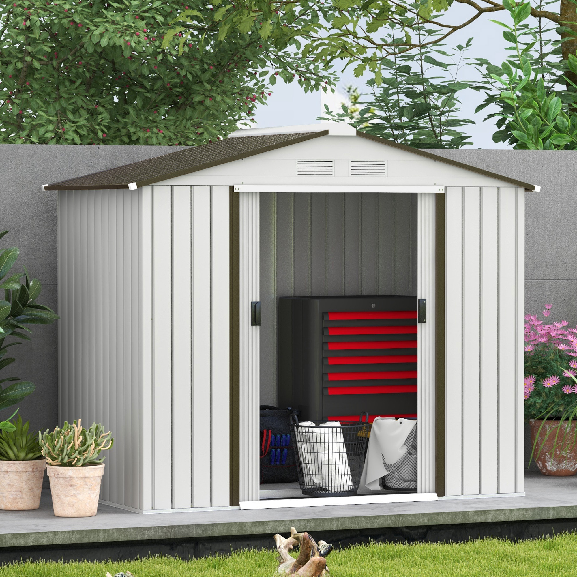Cobertizo de Jardín 2,5m² con Base de Refuerzo Sin Suelo 213x130x185 cm Caseta de Jardín Exterior con 2 Puertas Correderas y 4 Ventanas para Almacenamiento de Herramientas Blanco