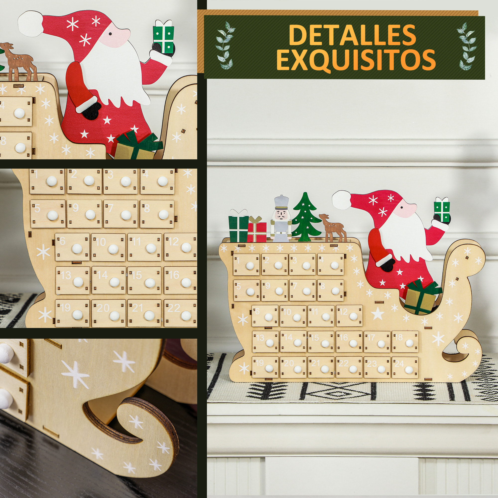 Calendario de Adviento de Madera con 24 Cajones, Calendario de Adviento de Navidad Reutilizable para Rellenar, Decorado con Papá Noel en su Trineo, Decoración Navideña, 22,5x8x36 cm, Natural
