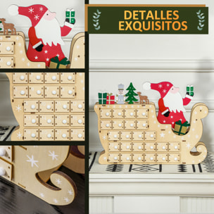 Calendario de Adviento de Madera con 24 Cajones, Calendario de Adviento de Navidad Reutilizable para Rellenar, Decorado con Papá Noel en su Trineo, Decoración Navideña, 22,5x8x36 cm, Natural