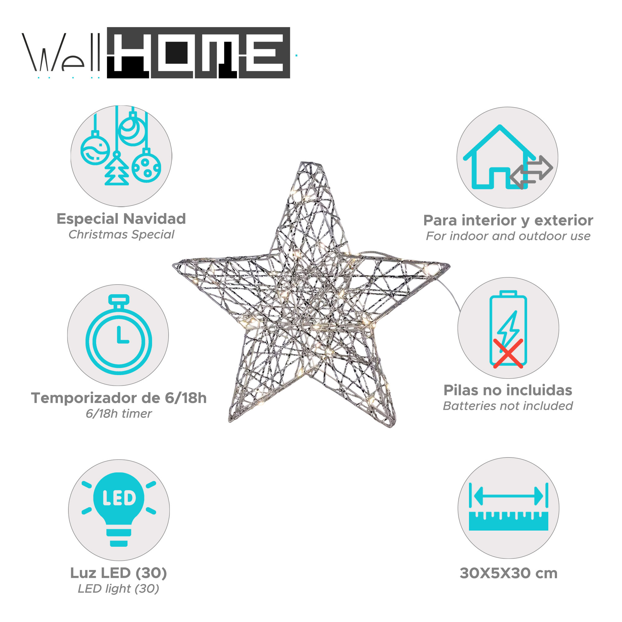estrella luminosa plateada con 30 micro led 30x5x30cm