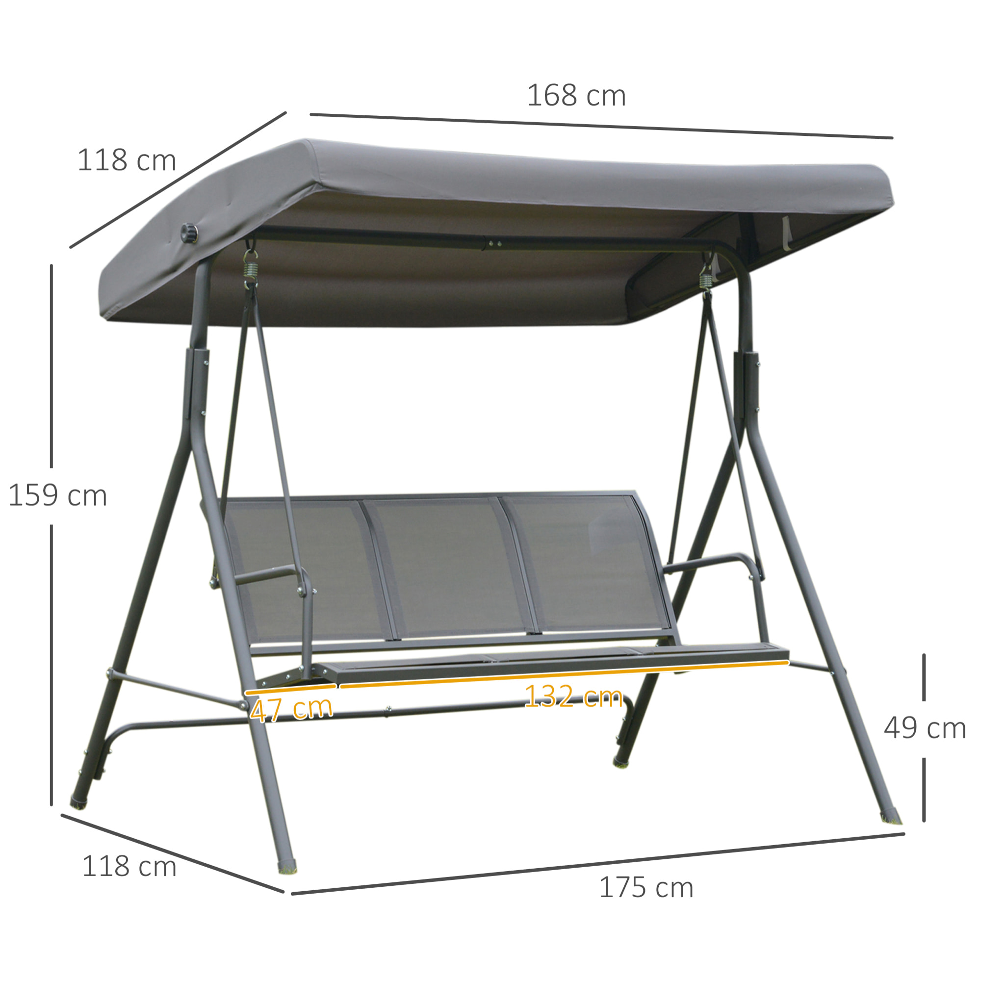 Columpio Balancín Jardín de 3 Plazas con Techo Parasol Ajustable Respaldo Transpirable y Marco de Acero para Terraza Balcón Exterior 175x118x159 cm Gris