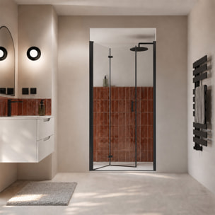 Porte de douche pivotante pliante double sens avec charnières 90x195 cm - Profilé Noir mat - ORIANA