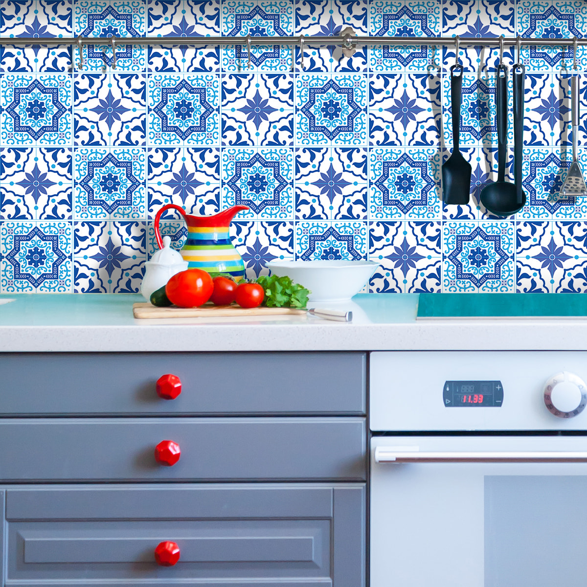 Stickers muraux - Sticker Mural Carrelage adhésif Cuisine Salle de Bain - 24 STICKERS CARRELAGES AZULEJOS GONZALO