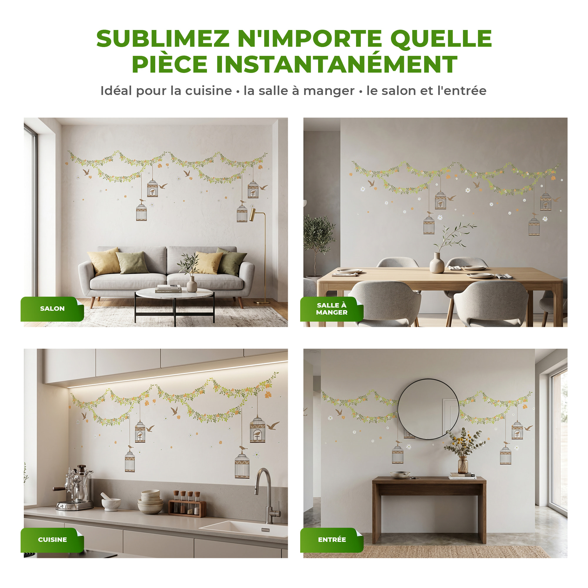 Stickers Muraux décoration adhésifs cages élégantes, oiseaux et fleurs