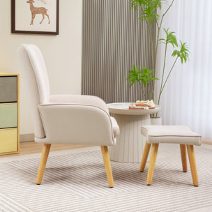 Sillón con Reposapiés Sillón Lectura con Respaldo Alto Capitoné Patas de Madera y Tapizado en Lino Butaca para Salón Dormitorio Oficina Beige