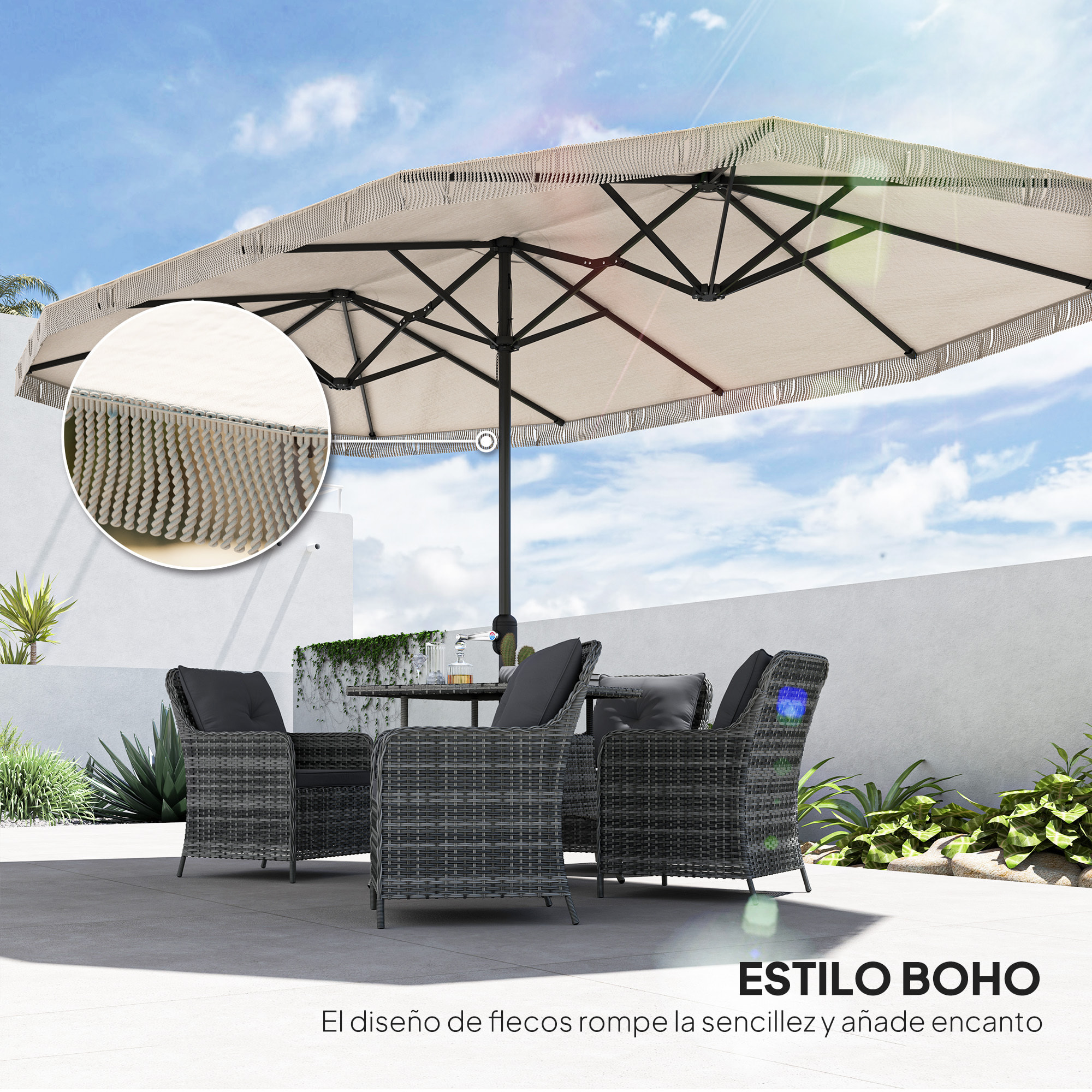 Sombrilla Doble 4,5x2,65 m Sombrilla Terraza Exterior con Manivela Manual Resistente al Agua y Protección UV30+ Sombrilla Grande para Terraza Playa Piscina Crema