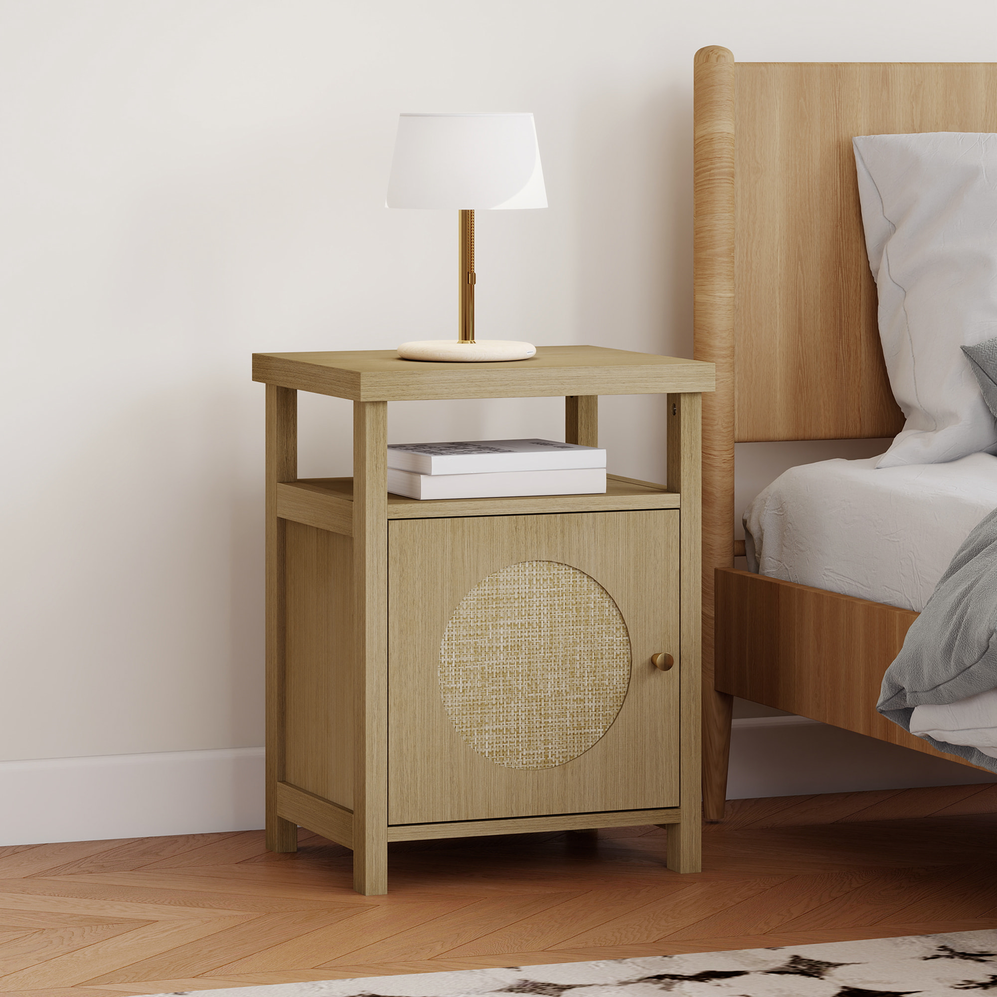 Mesita de Noche con Puerta de Ratán, Mesilla de Noche con Estante Abierto y Compartimento, Mesa Auxiliar para Dormitorio, Salón, 40x35x55 cm, Madera Natural