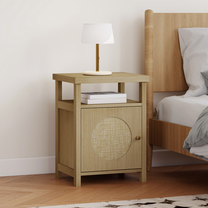 Mesita de Noche con Puerta de Ratán, Mesilla de Noche con Estante Abierto y Compartimento, Mesa Auxiliar para Dormitorio, Salón, 40x35x55 cm, Madera Natural