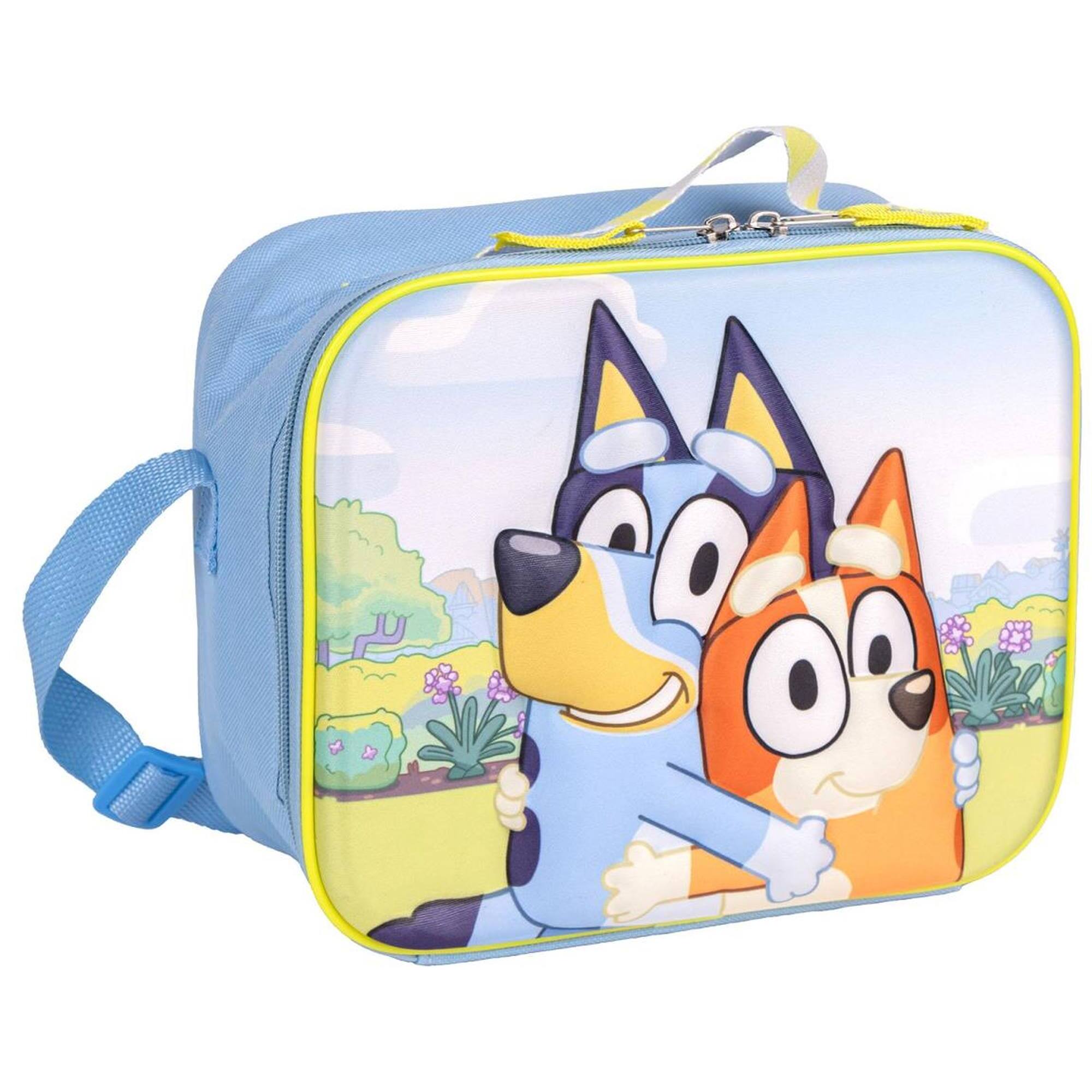Portameriendas escolar de bluey - 23,5x19,5x10 cm - poliéster y eva - diseño bluey y bingo con cierre de cremallera y asa regulable