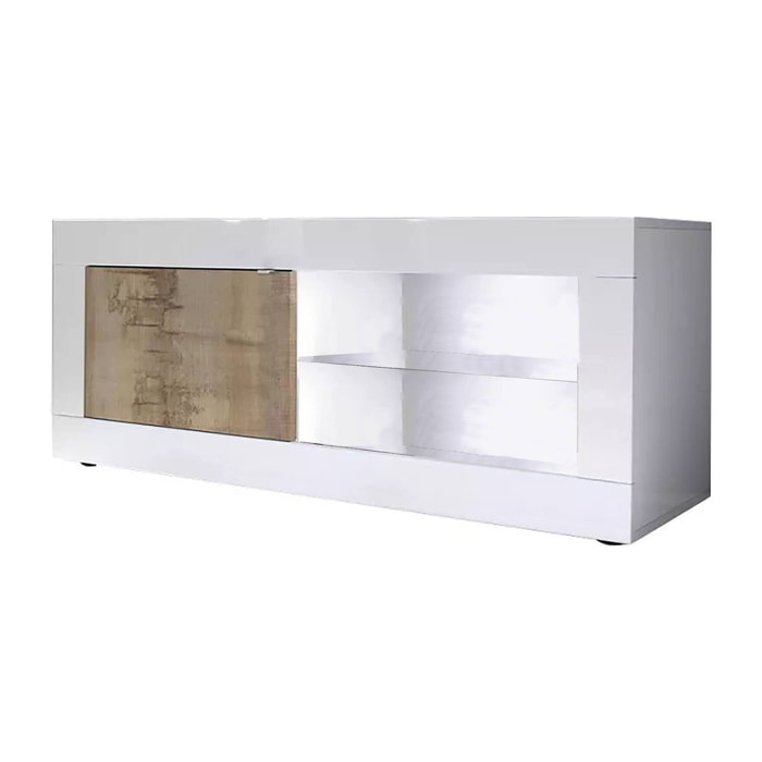 Mobile porta TV Hector, Credenza da soggiorno, Armadio basso per TV, Base parete attrezzata, Made in Italy, 140x43 h56 cm, Bianco e Acacia