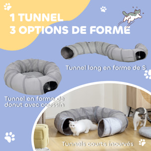Tunnel pour chat intérieur - fonction lit pliable avec coussin et jeu balle suspendue - gris