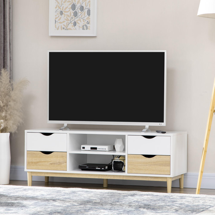 Meuble TV banc TV style scandinave 4 tiroirs 2 niches passe-fils panneaux blanc aspect chêne clair