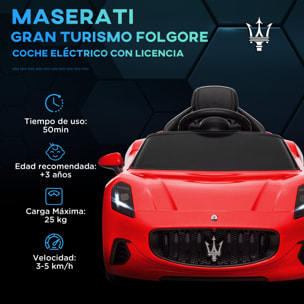 Coche Eléctrico para Niños de +3 Años Maserati Gran Turismo Folgore Coche Eléctrico con Batería 12V Mando a Distancia Faros Bocina y Música MP3 Rojo