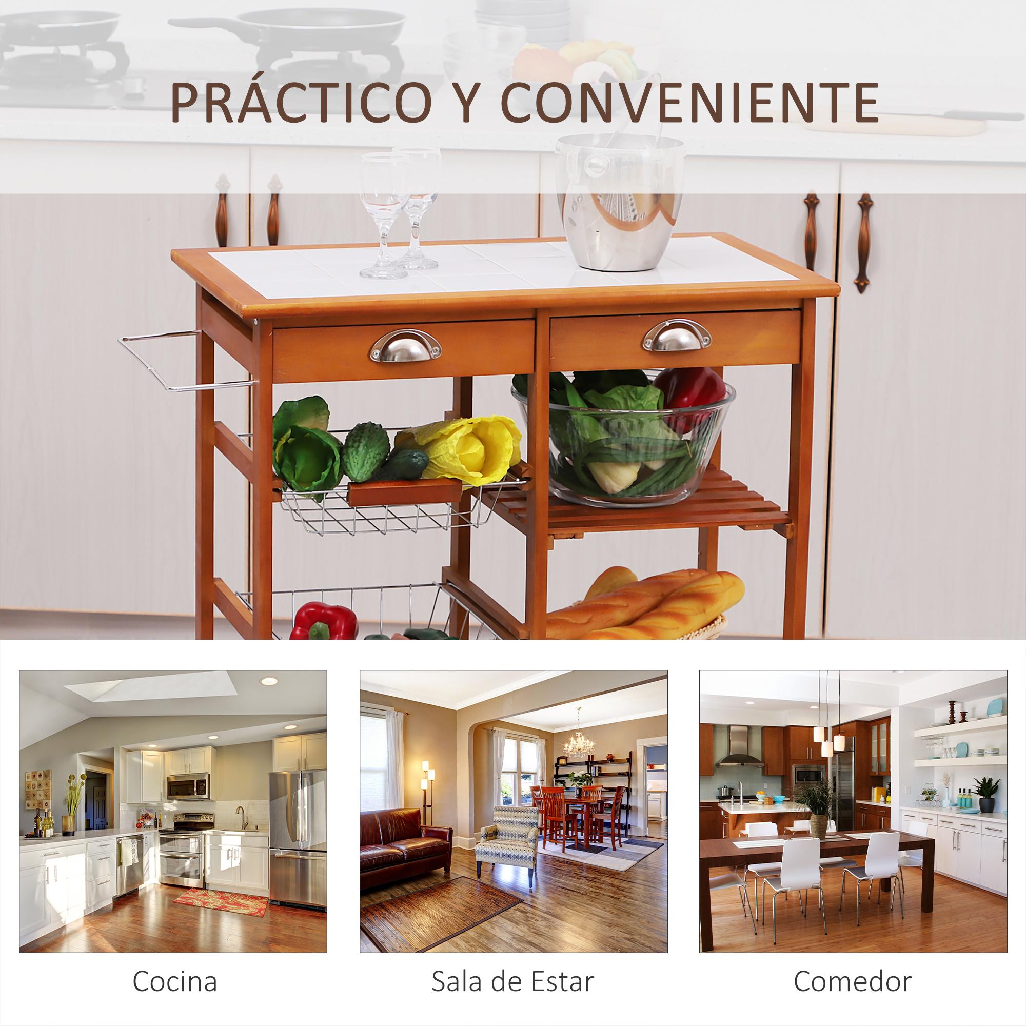 Carrito Cocina Servicio Auxiliar Madera Metal Cromado Ruedas Cajon Botellero