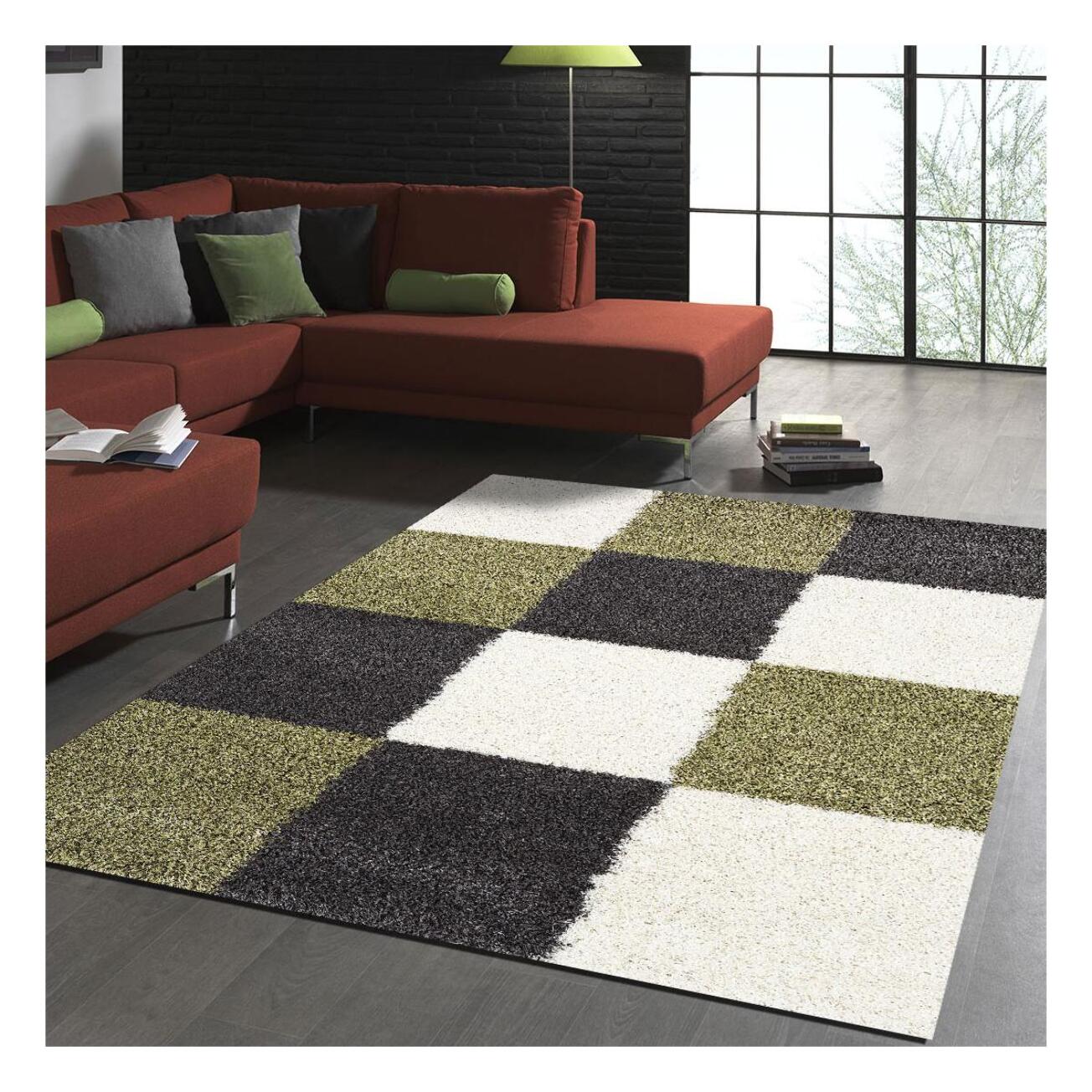 Tapis longs poils shaggy tissé motif damier BIDO