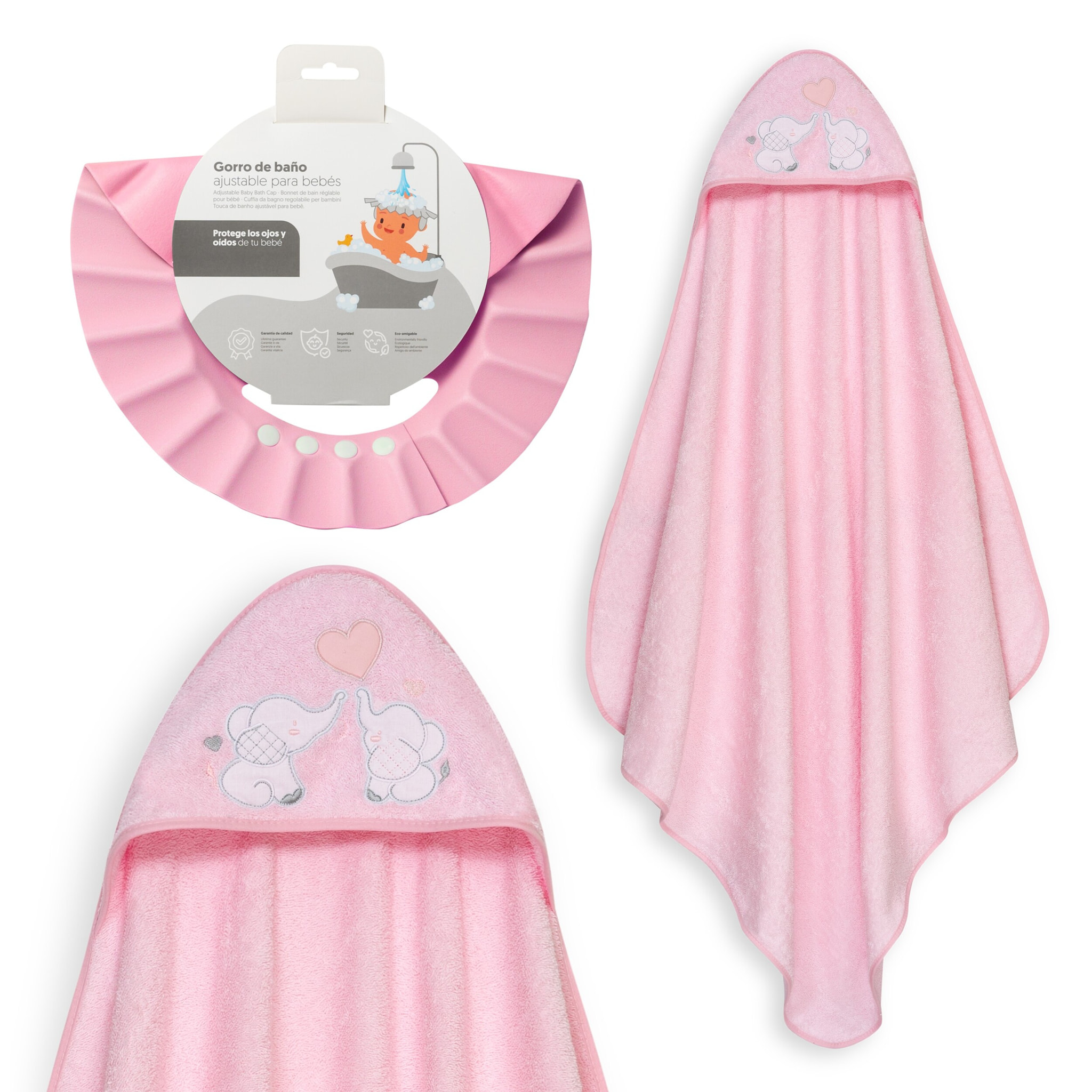 Capa Baño 1X1 Mod Parejita Elefante+Gorro Rosa