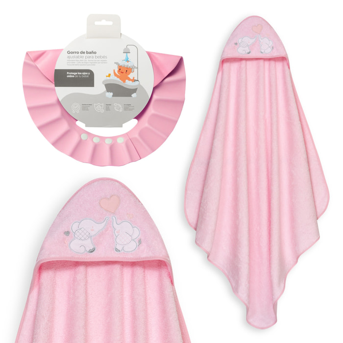 Capa Baño 1X1 Mod Parejita Elefante+Gorro Rosa