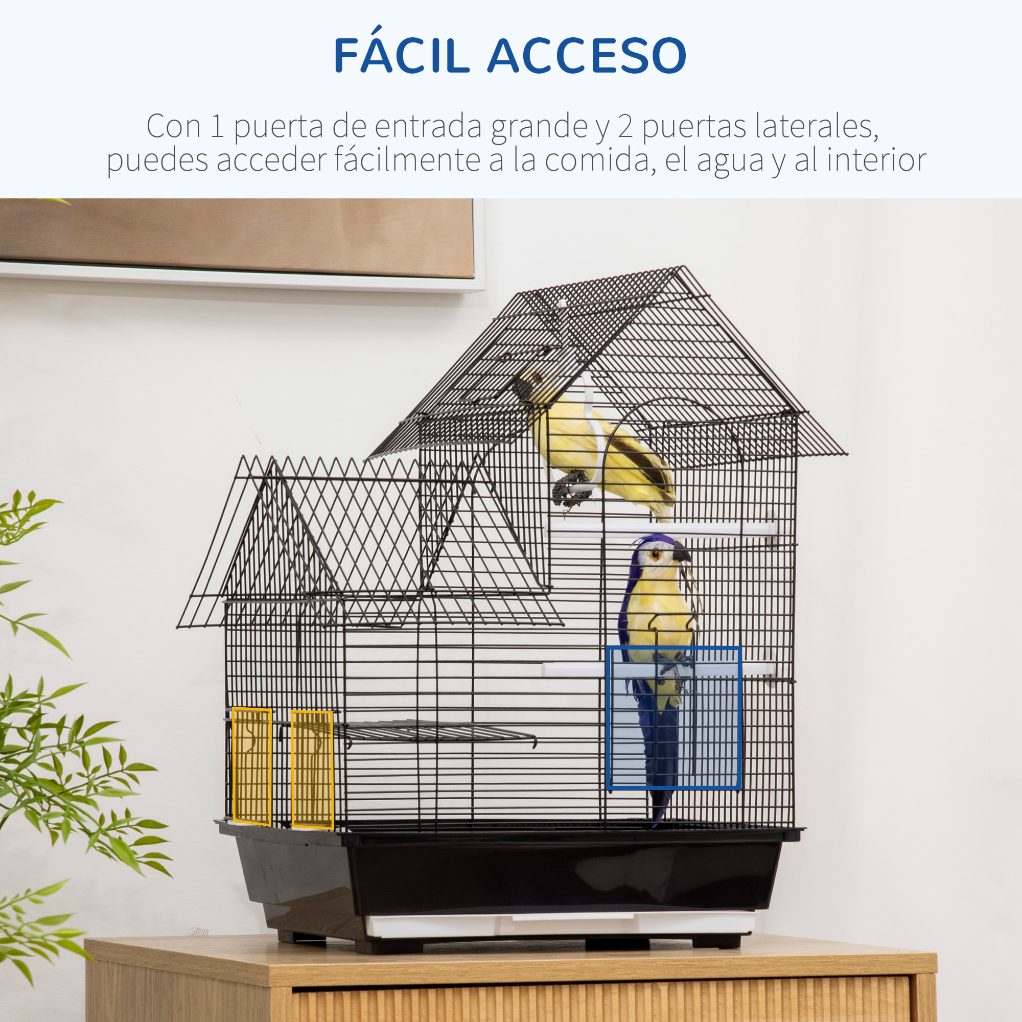 Jaula para Pájaros 39x33x47cm con 3 Puertas 2 Comederos 2 Perchas Columpio Negro