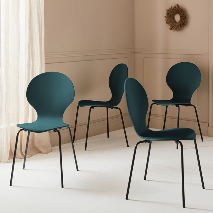 Lot de 4 chaises bleues. rétro empilables. bois d'hévéa et contreplaqué. pieds en acier. Naomi. L 43 x P 48 x H 87cm