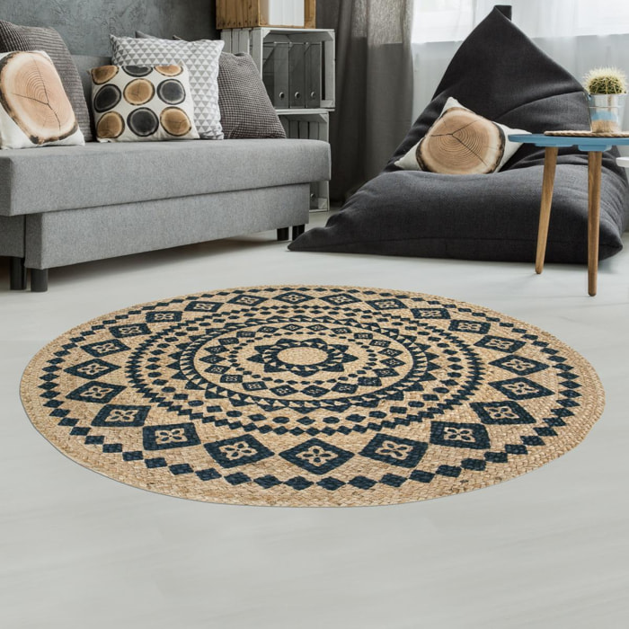 Tapis rond tissé en jute motif ethnique TOLI