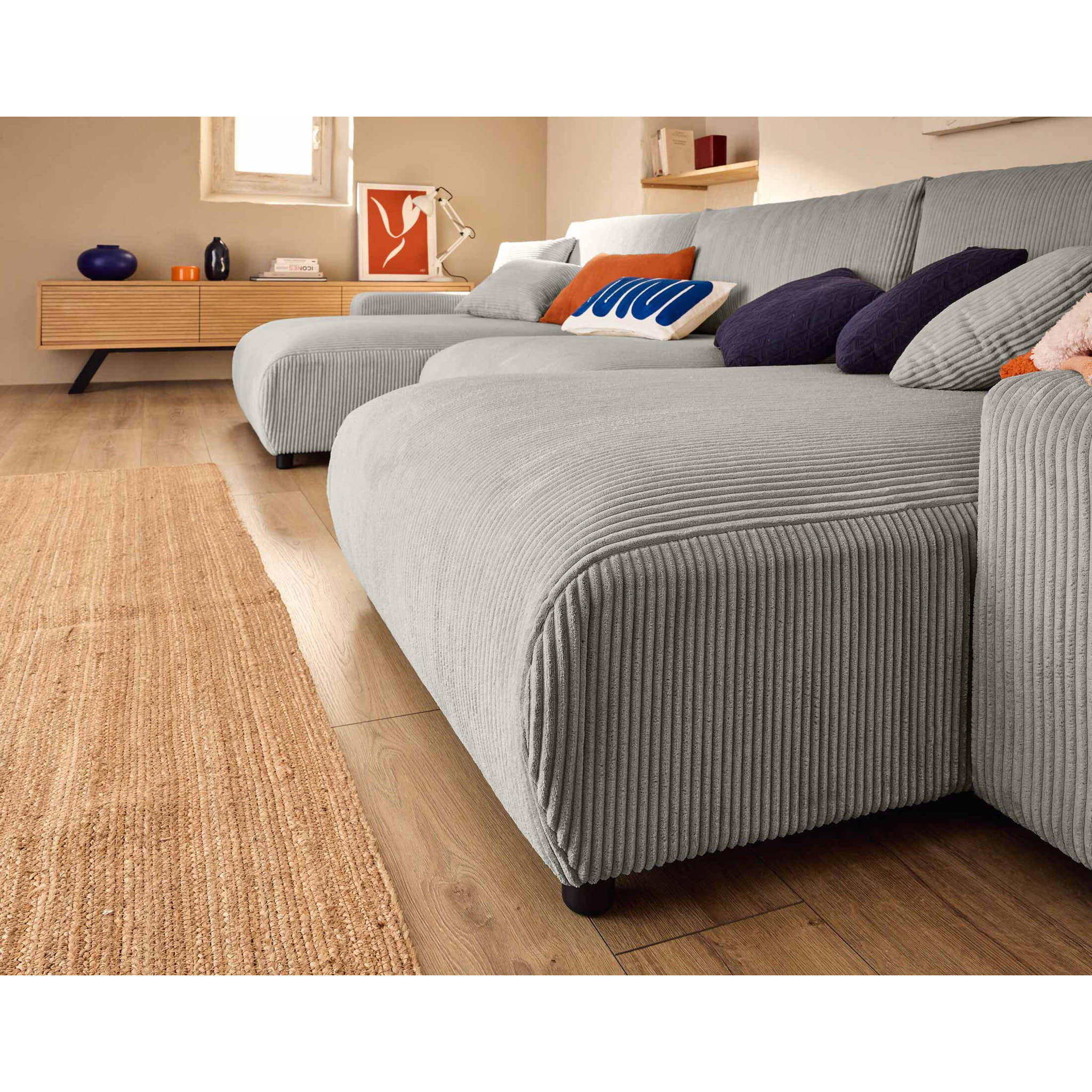 Pivoine - canapé panoramique en U - 7 places - convertible avec coffre - en velours côtelé - Gris clair