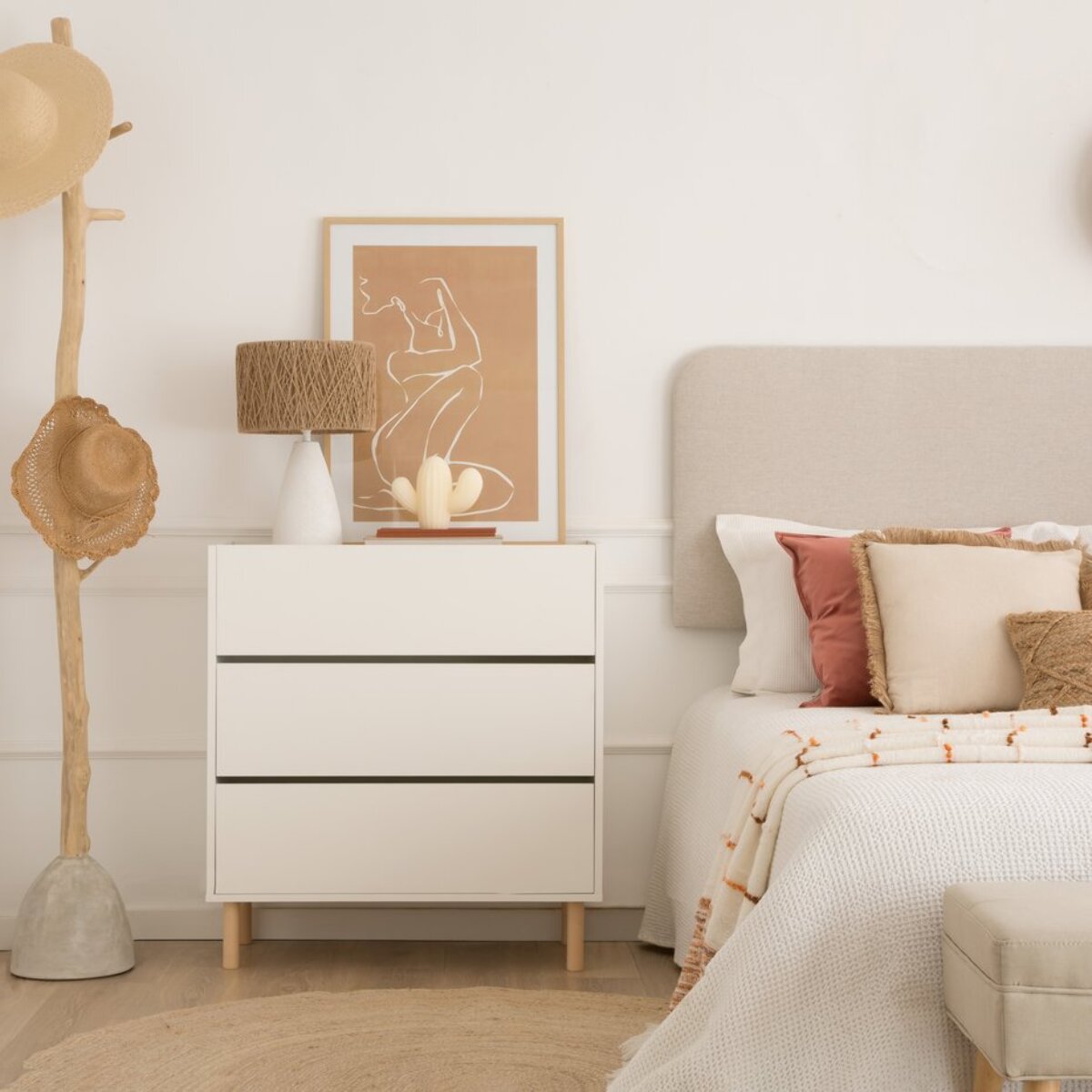 Commode Canes -tableau technique stratifié-couleur blanc mat/naturel 82 x 85 x 40 cm