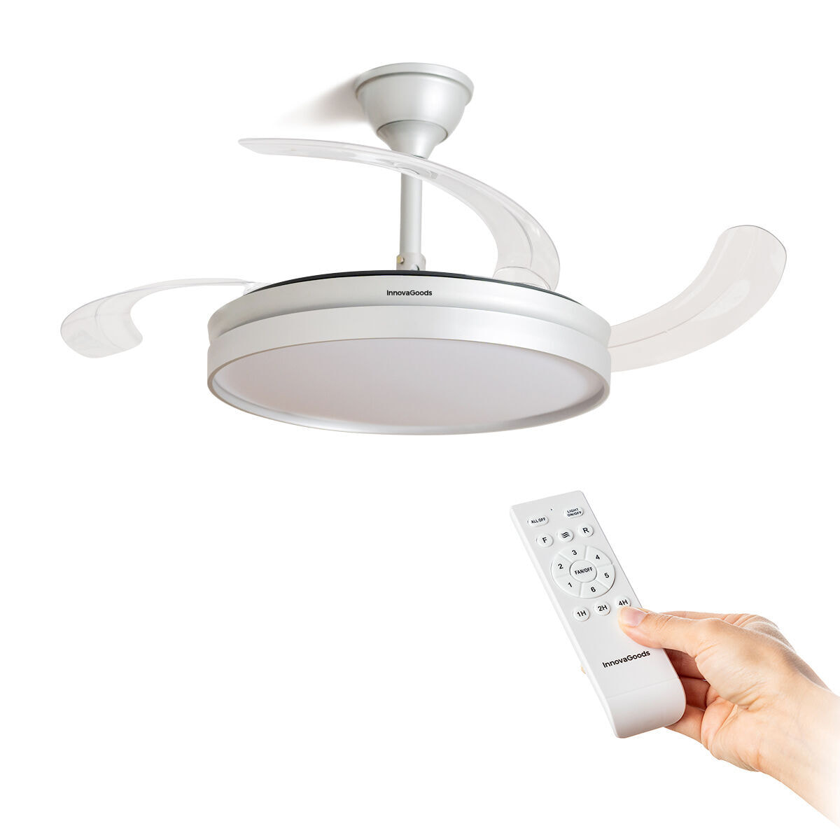 Ventilateur de Plafond avec Lumière LED et 4 Pales Rétractables Silteez InnovaGoods Argenté 80 W Ø49-104 cm